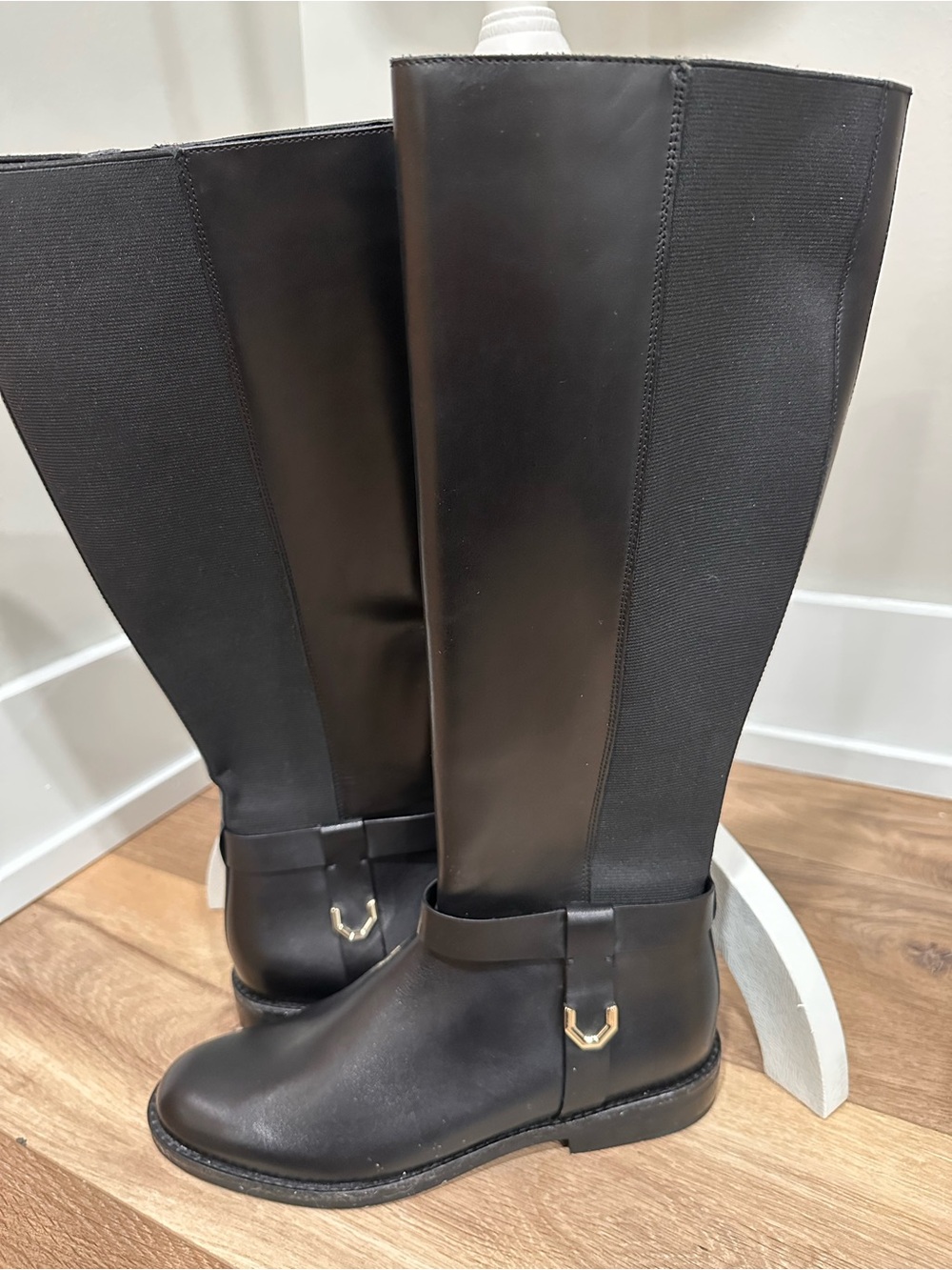 Cole Haan Black Over-the-Knee Leather Riding Boots with Gold Accent Strap